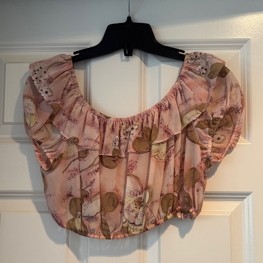 Pink and Orange Puff Sleeve Ruffled Crop Blouse